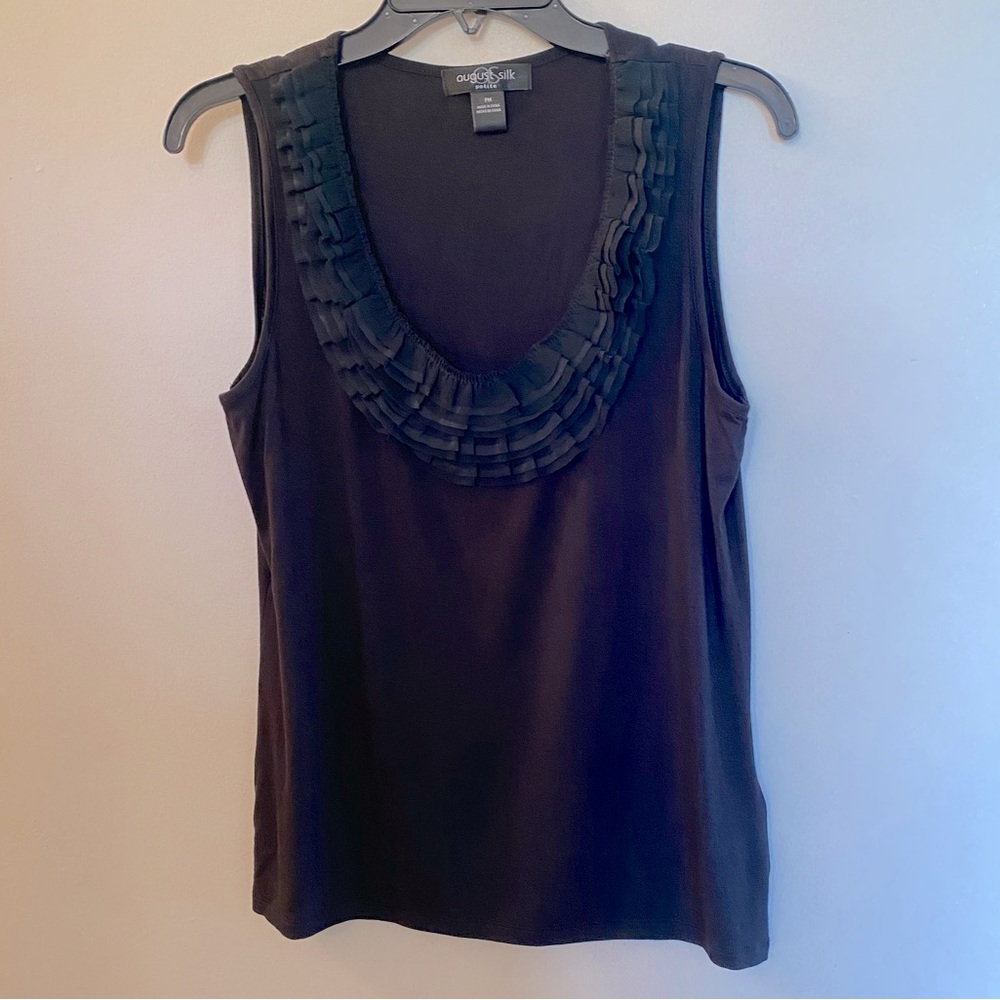 August Silk Petite Womens Size: PM Black Ruffled Neckline Super Soft Tank Top